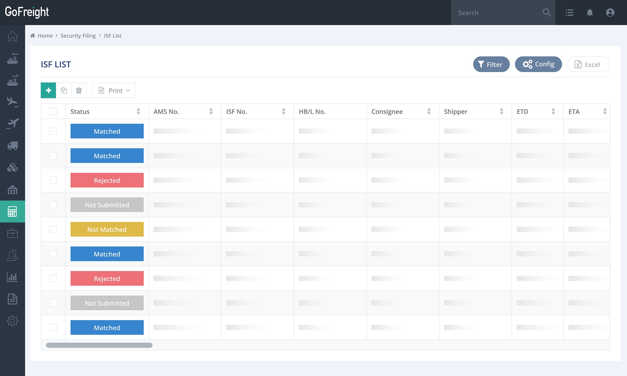 Uprite Logistics ISF filing list in customs software