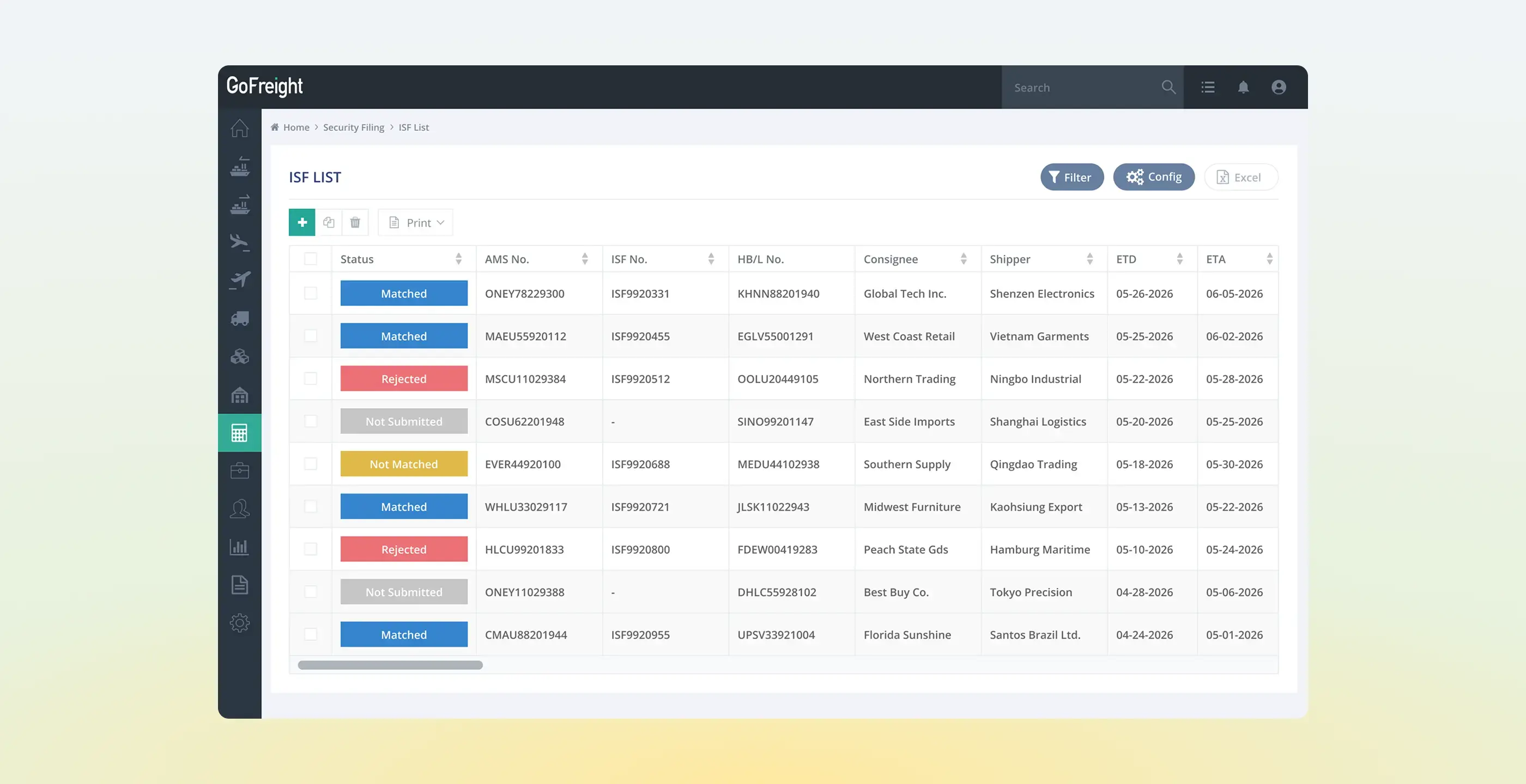 Uprite Logistics ISF filing status tracking in customs management software